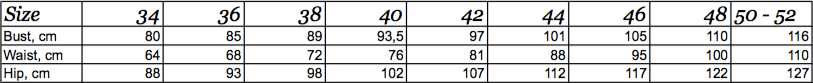 Sizechart EU 34 - 50